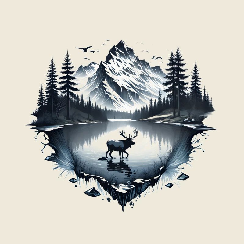 Mountain landscape with lake, forest and moose