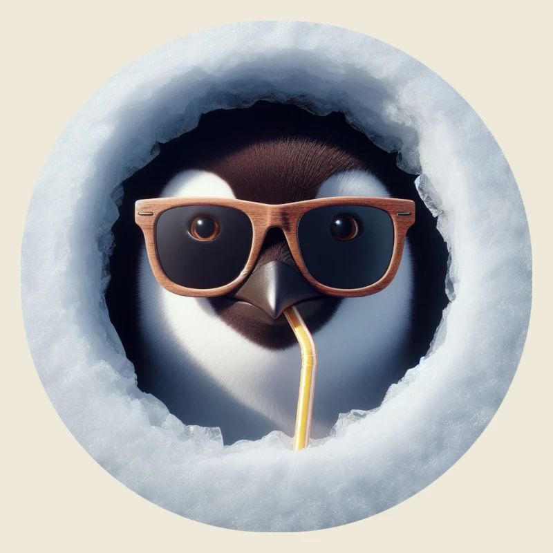 Pinguin mit Sonnenbrille und Strohhalm durch Eis