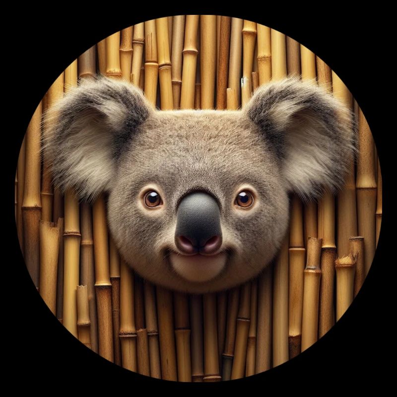 Tête de koala devant un mur de bambou