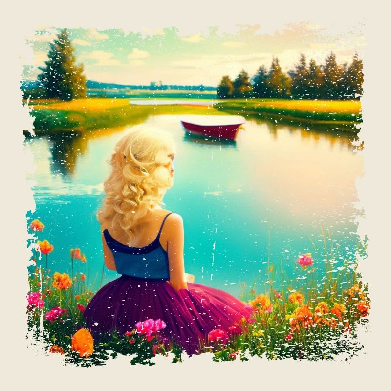 Frau sitzt am See - Vintage Look
