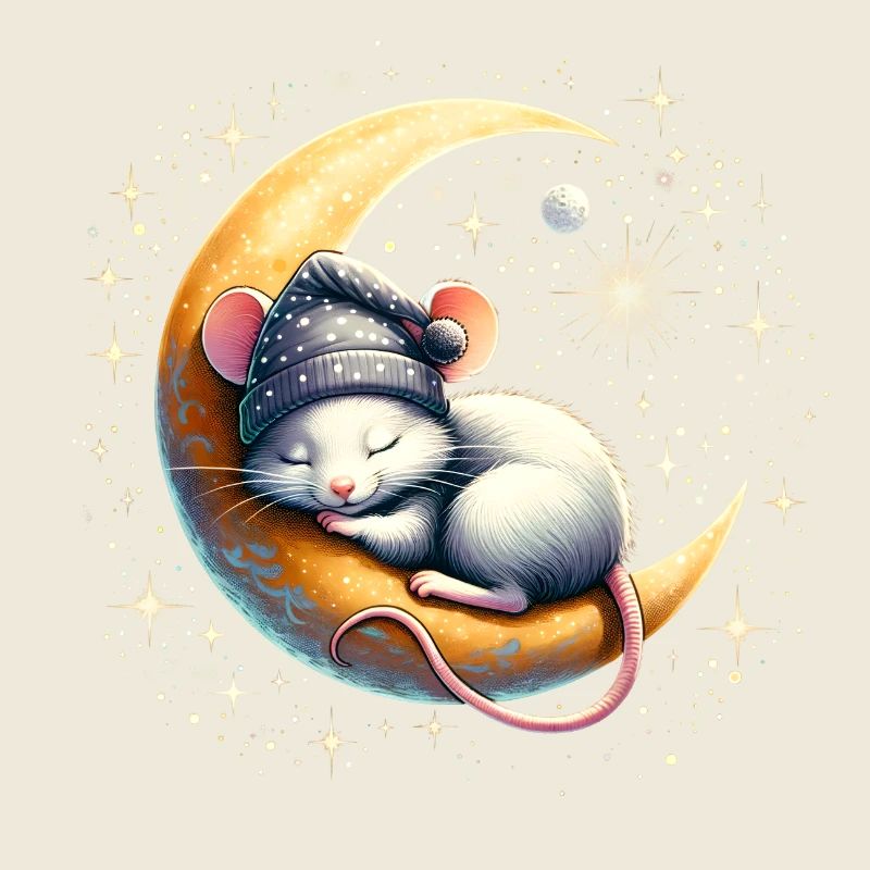 peacefully sleeping mouse, on a crescent moon