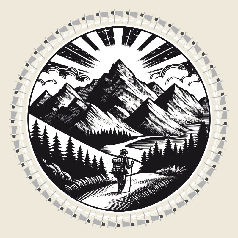 Mountain landscape with a hiker on a trail