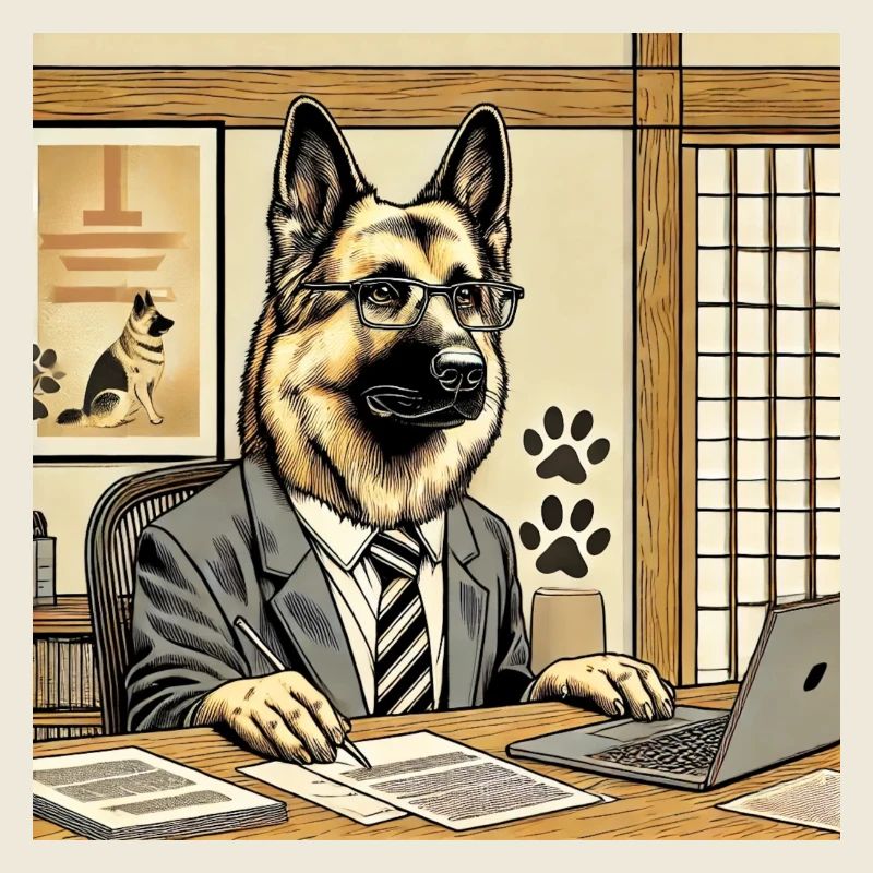 German Shepherd at the Desk - Ukiyo-e Style