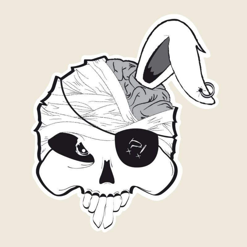 Pirate bunny skull with brain and rabbit ear
