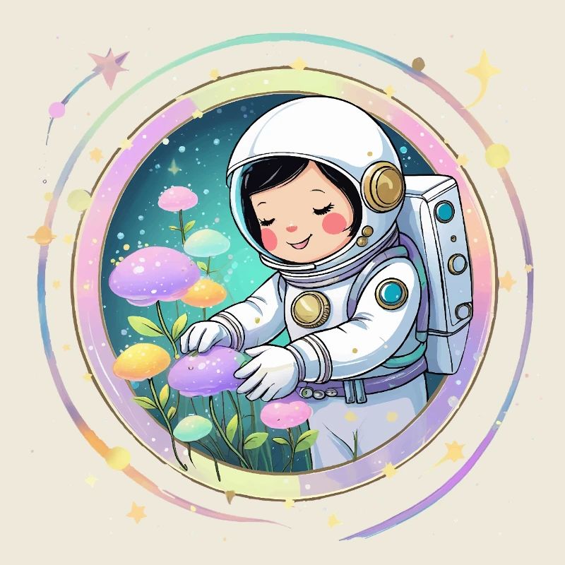 Fille astronaute avec des champignons - Conception spatiale mignonne