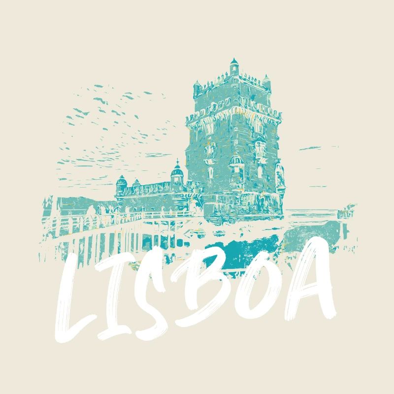 Belem Tower Lisbon and Tagus River blue illustration