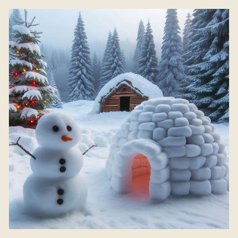 Winterlandschaft mit Schneemann und Iglu