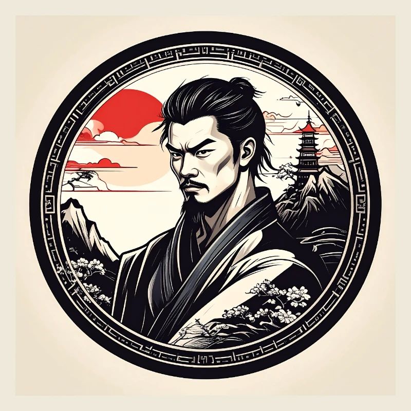 Samouraï dans un cadre circulaire au coucher du soleil