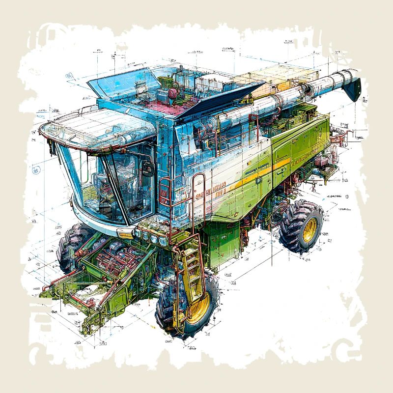 Colored Blueprint Threshing Machine, CAD Design