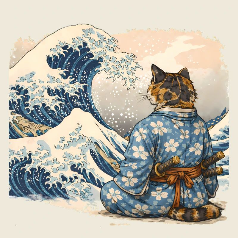 Samurai Cat Wave Japanese Ukiyo-e Style