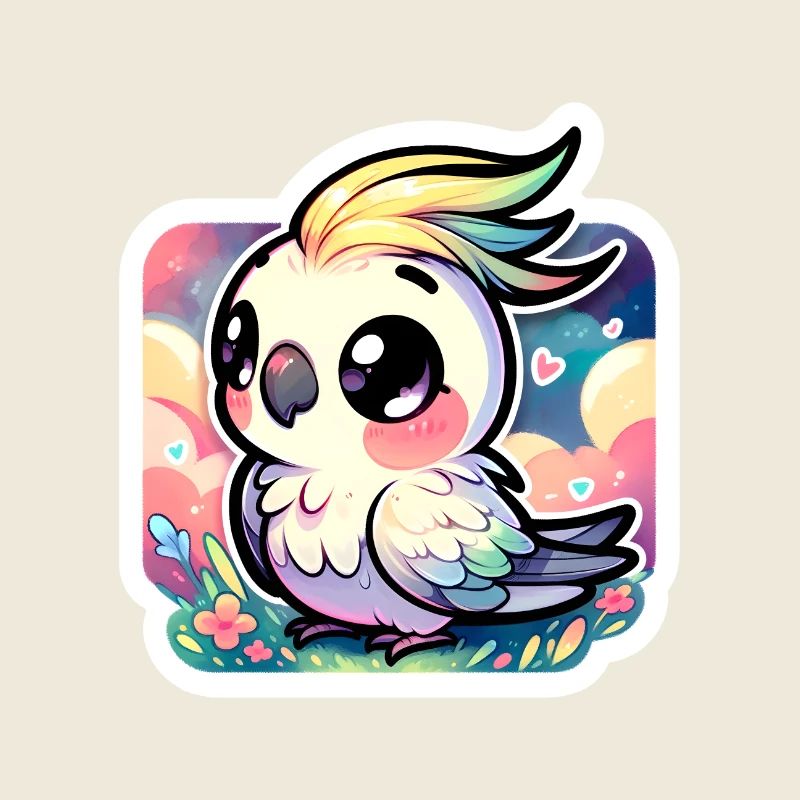 Ein niedlicher Chibi-Nymphensittich in einer farbenfrohen Landschaft