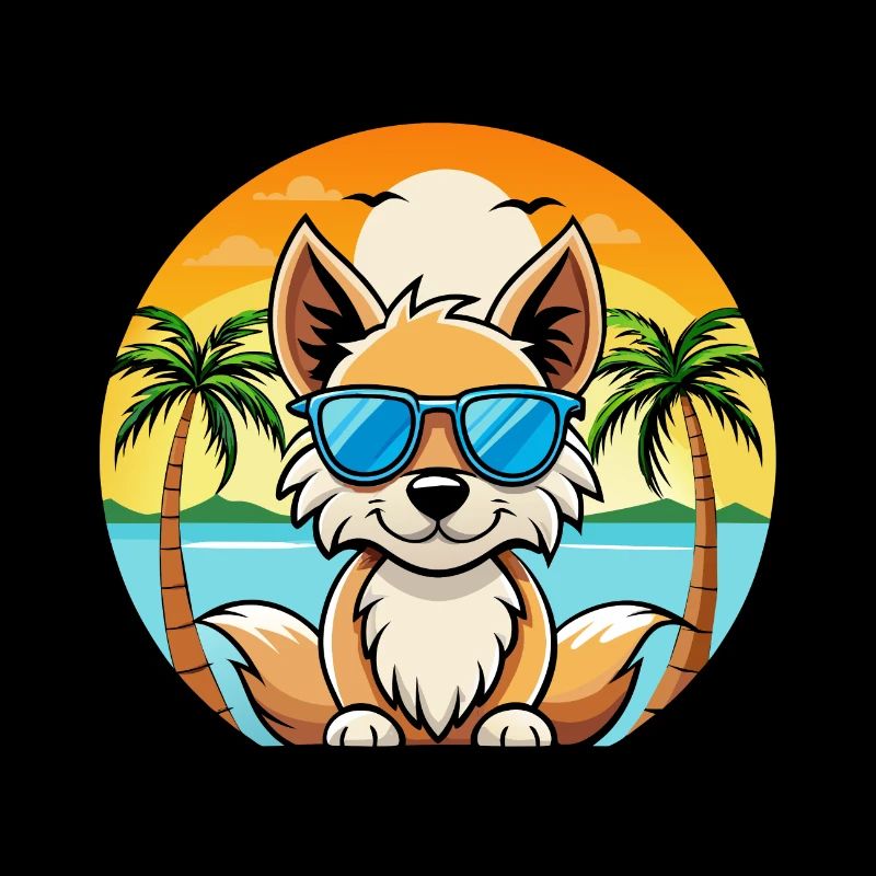 Indian Spitz Dog Breed Cartoon Sunglasses Beach