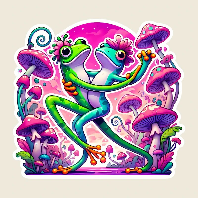 Grenouilles dansant sous les champignons