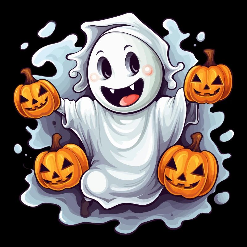 Funny Halloween Ghost with Pumpkin Lanterns