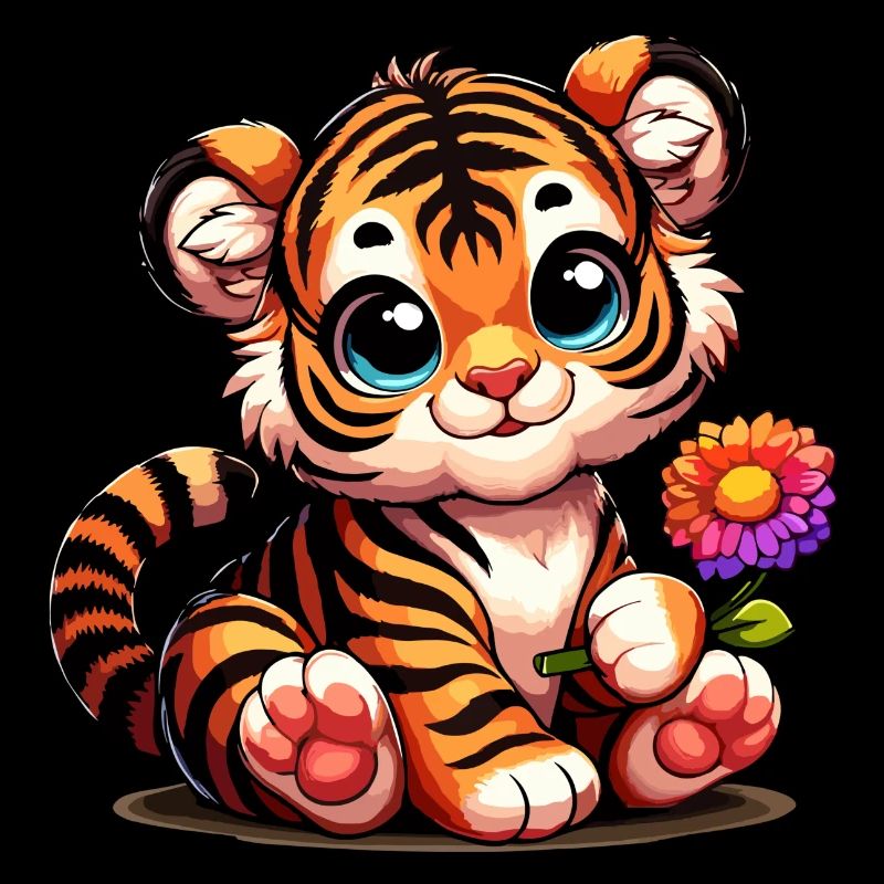 Bébé tigre mignon avec une fleur à la main
