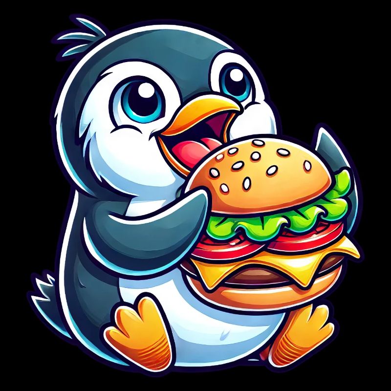 Skurriler Pinguin mit Hamburger lustig Chibi