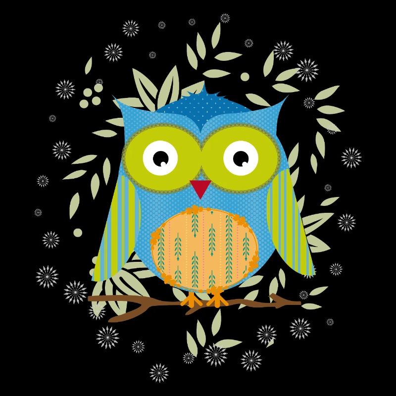 Hibou patchwork élégant sur une branche dans une mer de feuilles