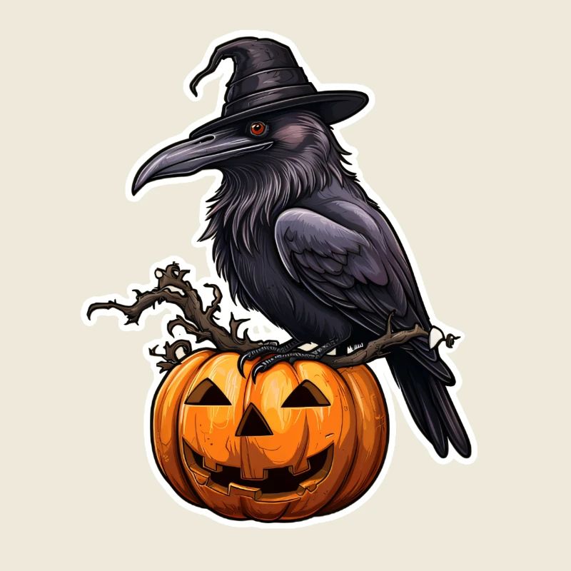 Halloween raven with witch hat on pumpkin