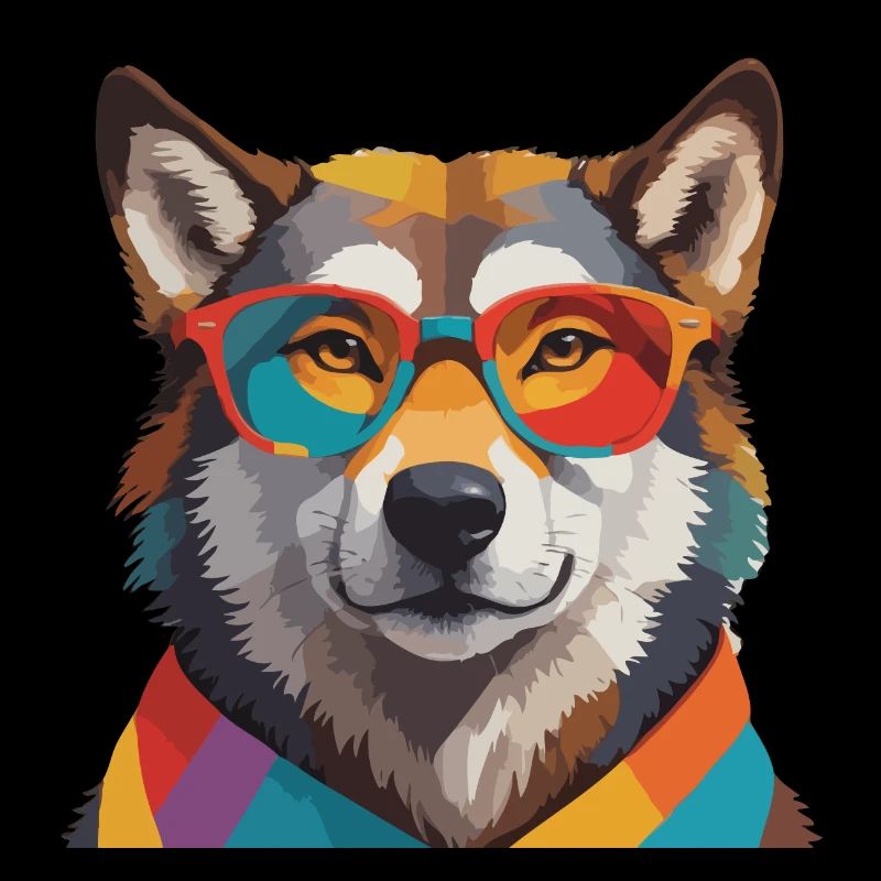 Wolf Cool mit Brille Bunt