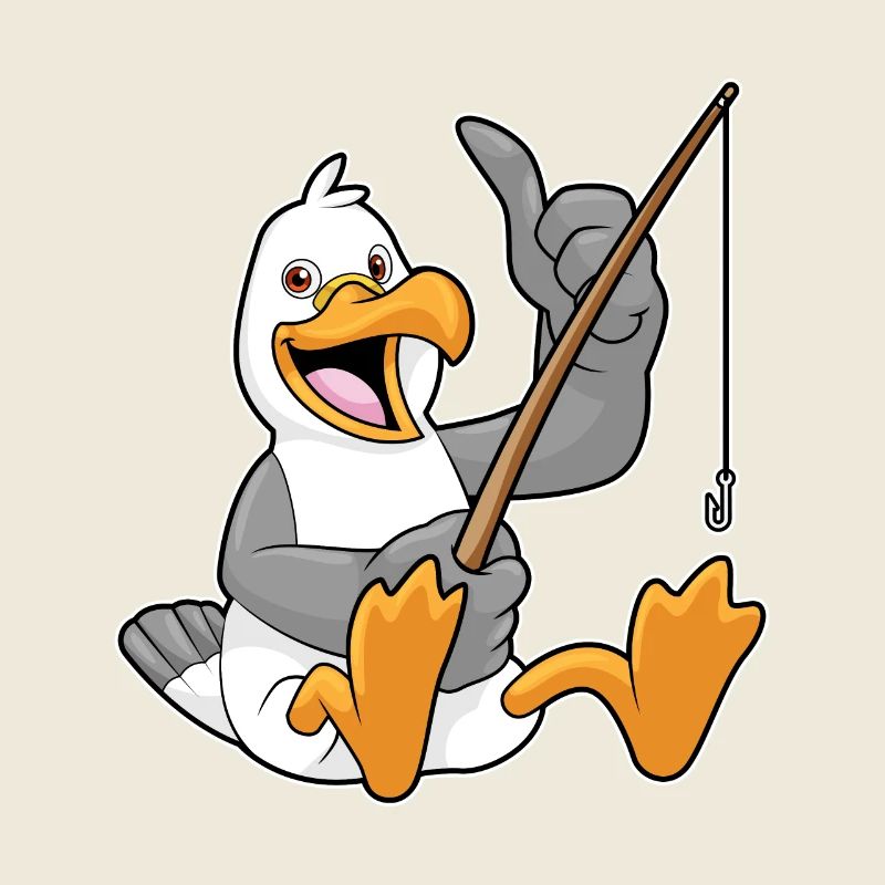 Mouette en train de pêcher avec canne à pêche