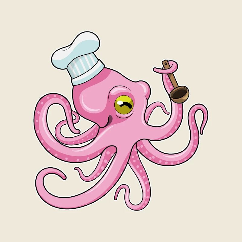 Octopus as a cook with a wooden spoon