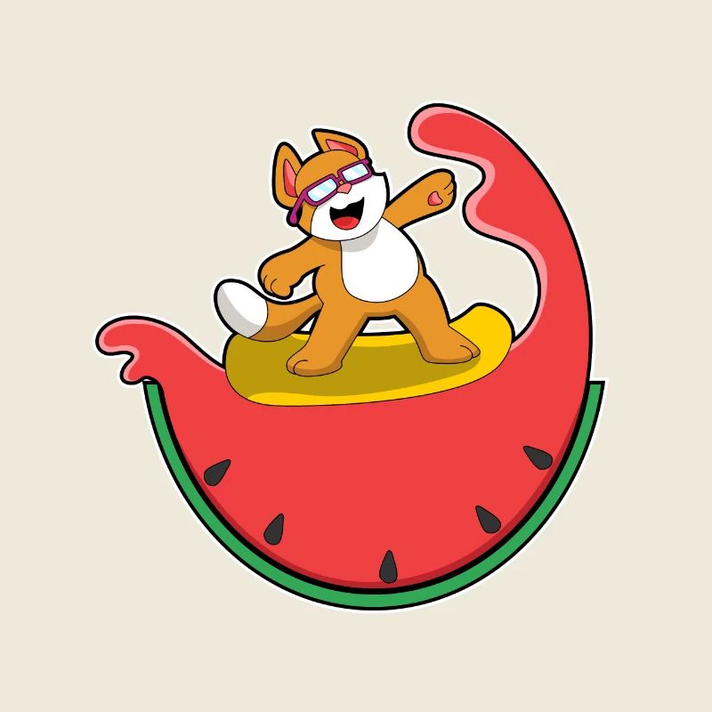Chat comme surfeur avec pastèque