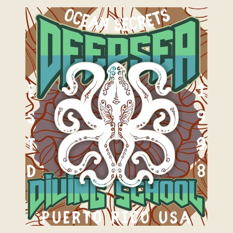 Diving school poster with squid, octopus octopus