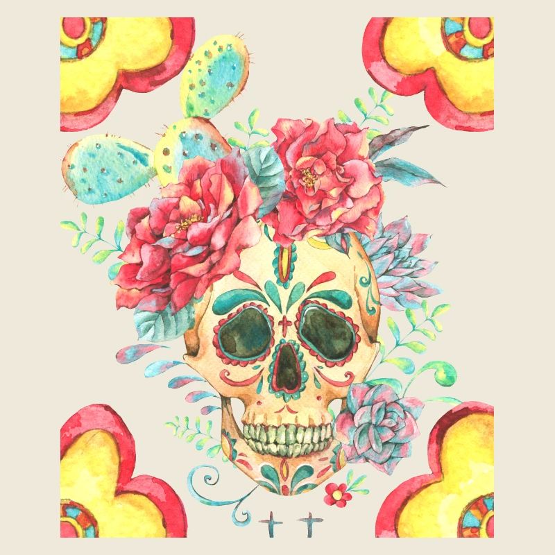 Mexican Sugar Skull with Flowers and Cactus