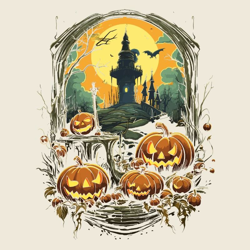 Citrouilles effrayantes devant la pleine lune de la tour étrange