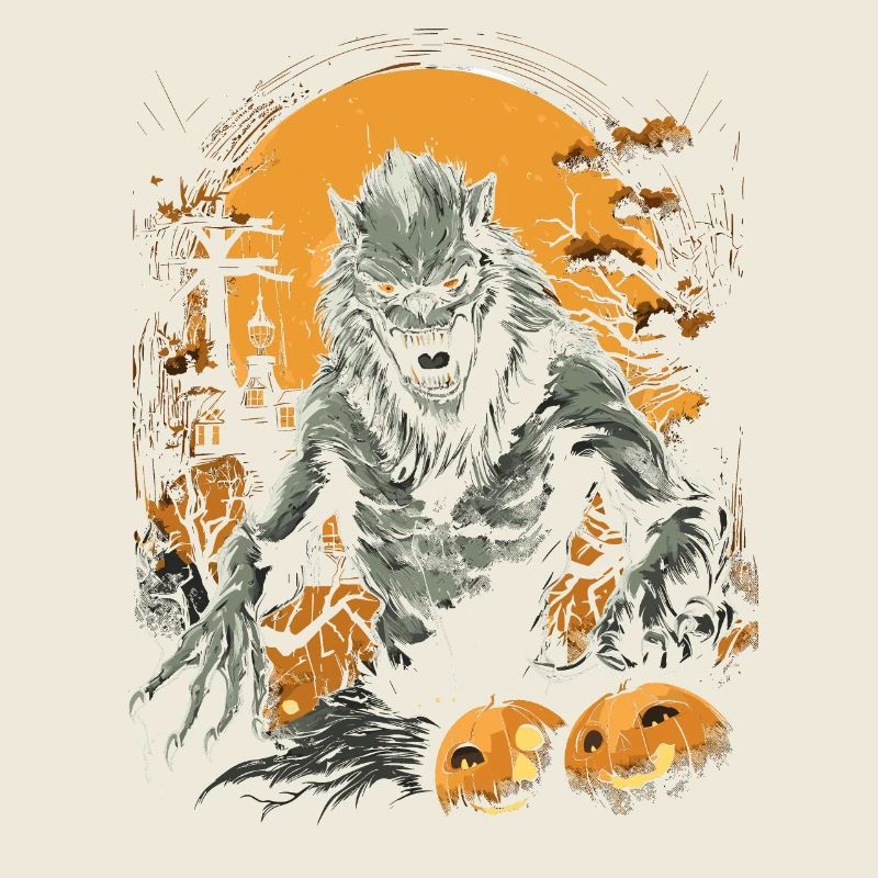 Wild Werewolf With Pumpkins In Gloomy Full Moon