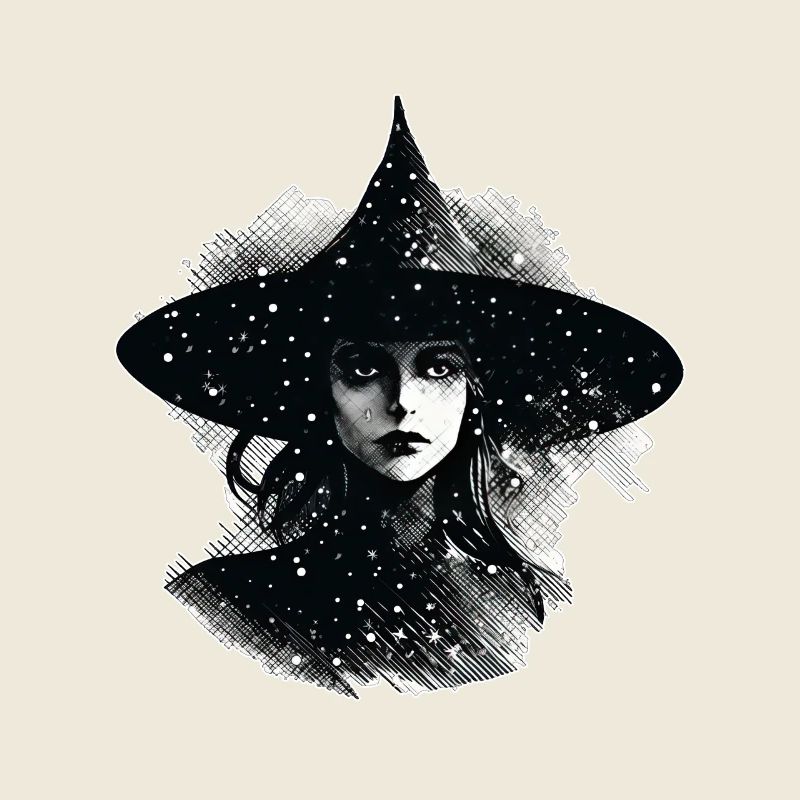Tête de sorcière en noir et blanc, Halloween