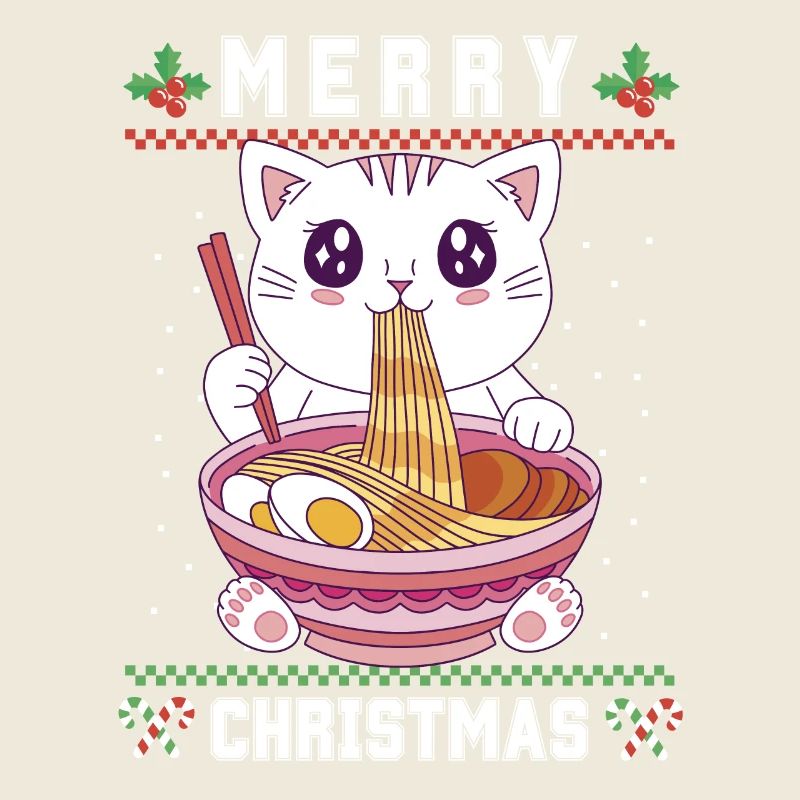 Chat d’anime kawaii mignon avec Ramen Noël laid