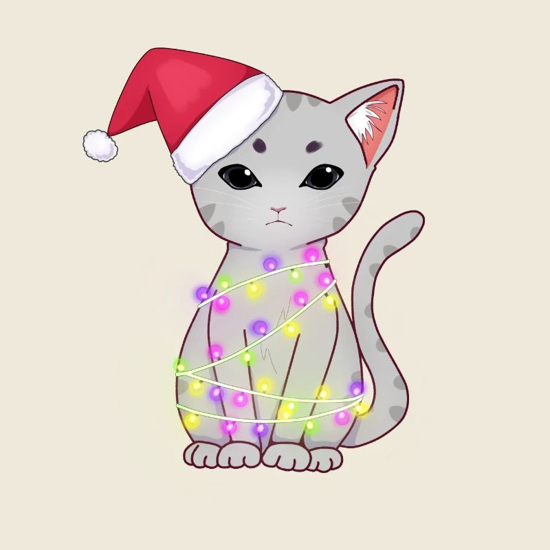 Niedliche graue Katze mit Weihnachtslichtern, Weihnachtsmütze