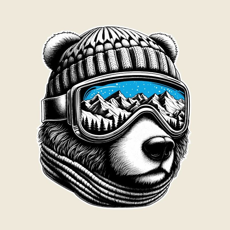 Bear Loves Skiing With Ski Goggles Mountains Snow Fun