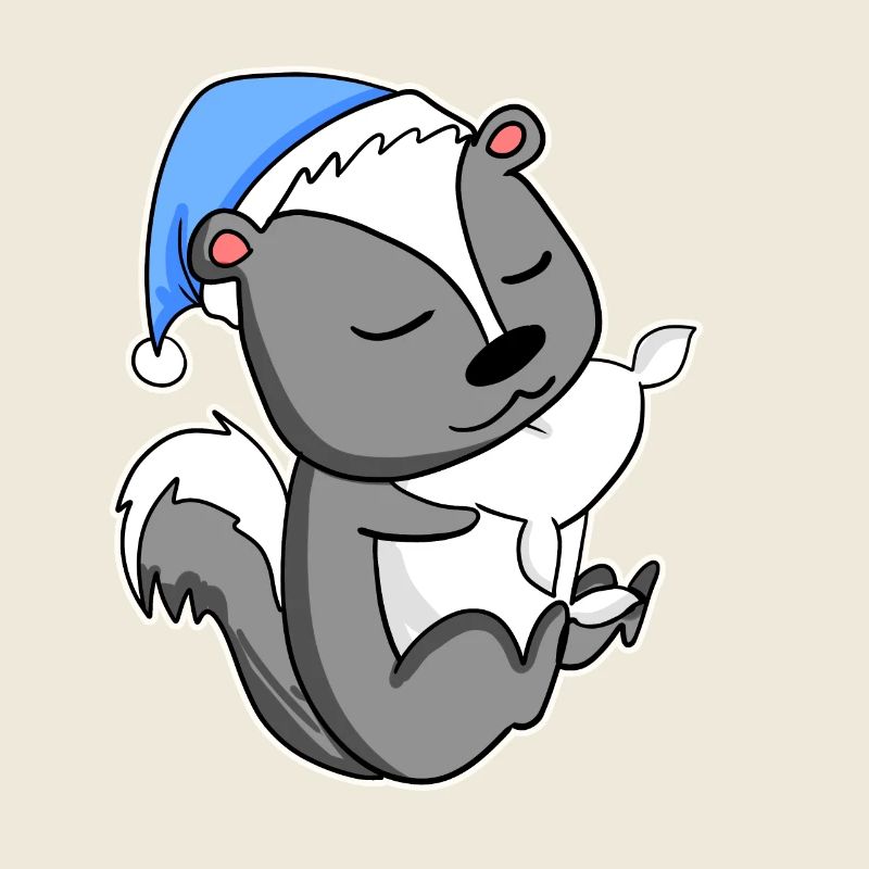Skunk with pillow and sleepy cap
