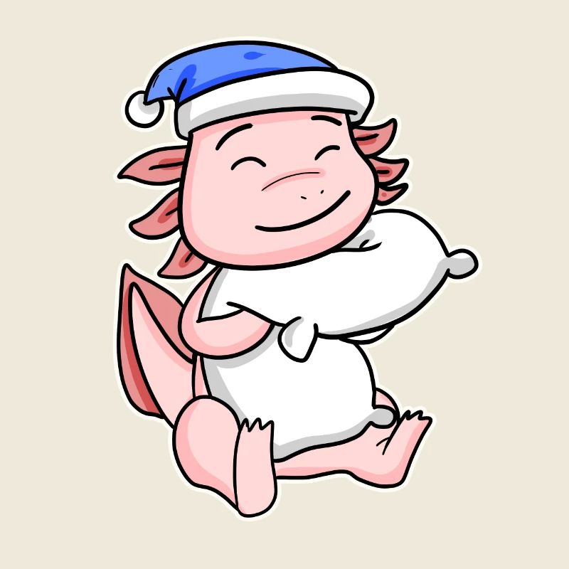 Axolotl avec oreiller et bonnet endormi