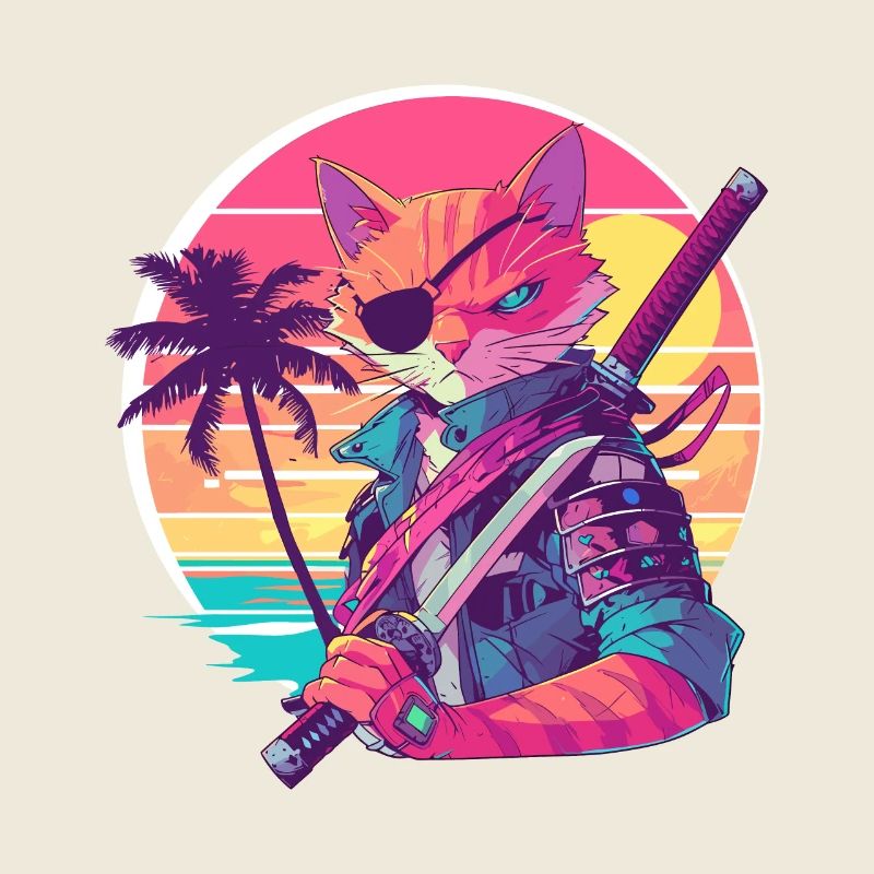 Cat Samurai 80er Vintage Stil