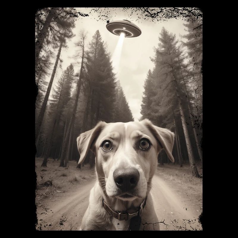 Selfie de chiens avec la conception d’un vaisseau spatial extraterrestre