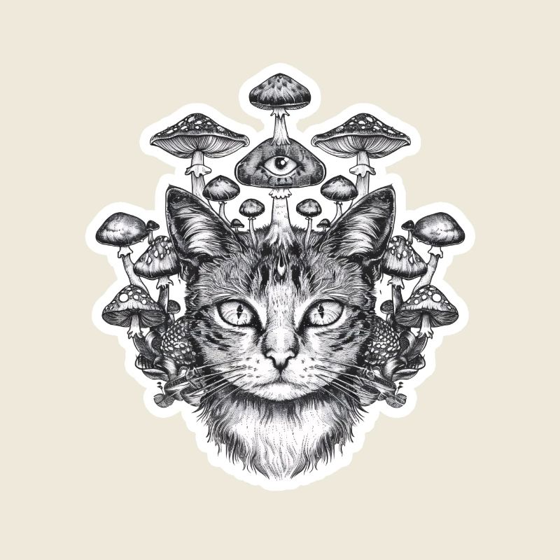 Surreal cat with third eye and mushrooms on its head