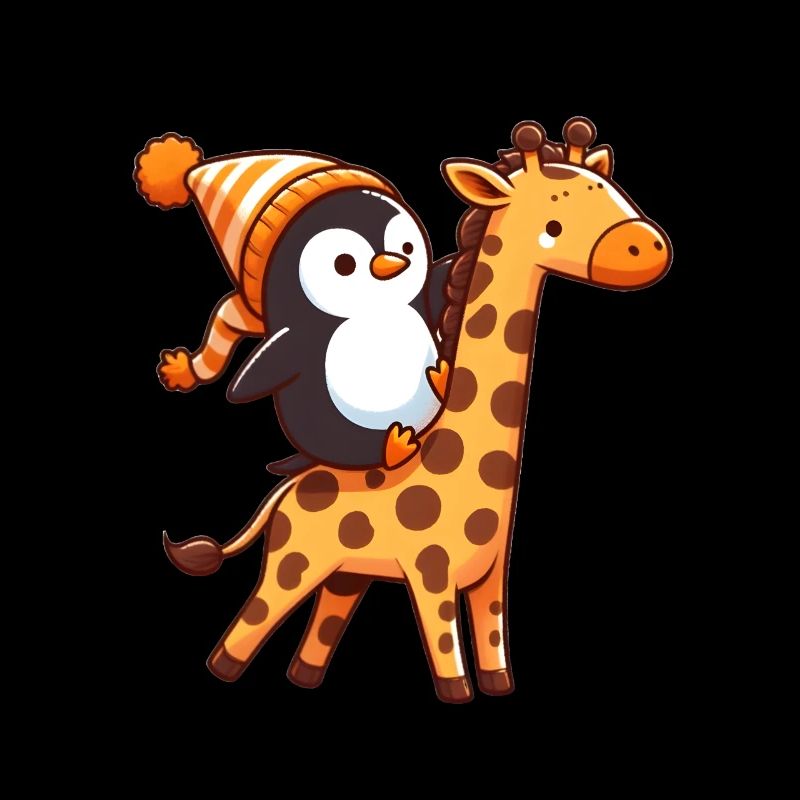 Penguin riding a giraffe