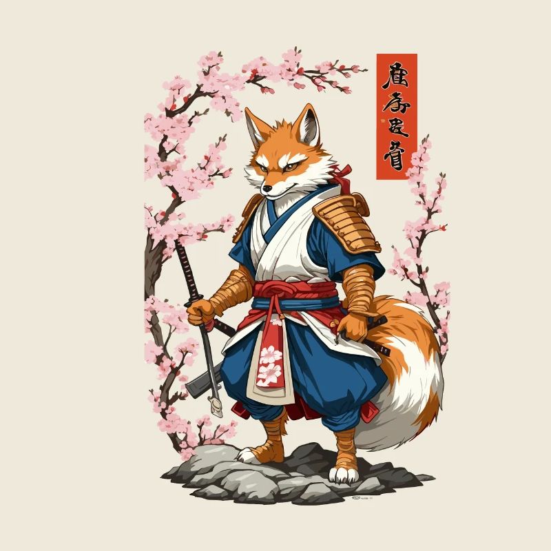 Kitsune Samurai Fox Vintage Ukiyo-e Style
