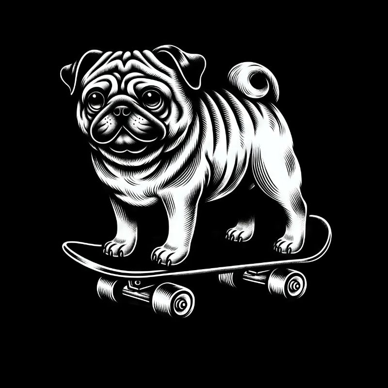 Pug Skater Classic Style Black White Tattoo