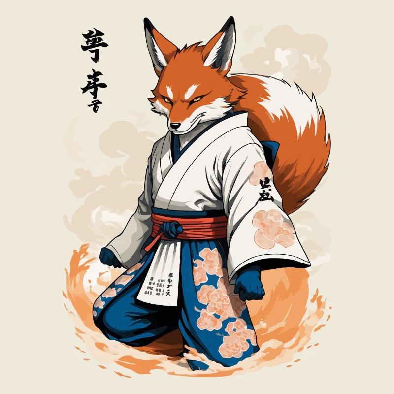 Kitsune Samurai Fuchs Vintage Ukiyo-e Stil