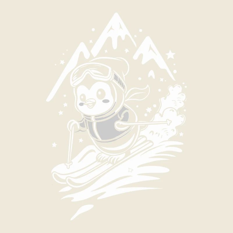 Pingouin skiant devant un paysage de montagne