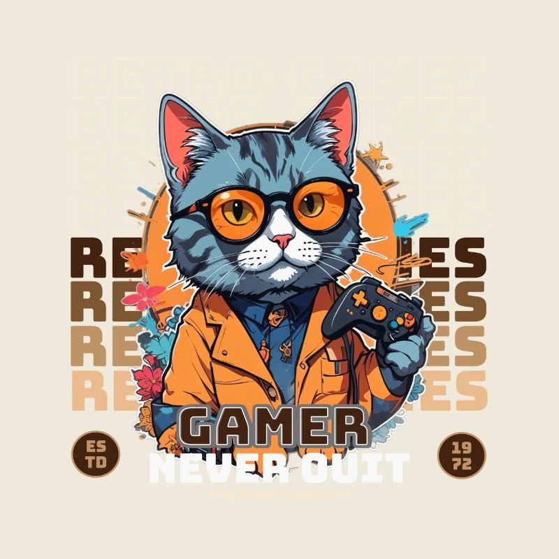 Chat Gamer Rétro avec Manette Jeux de console