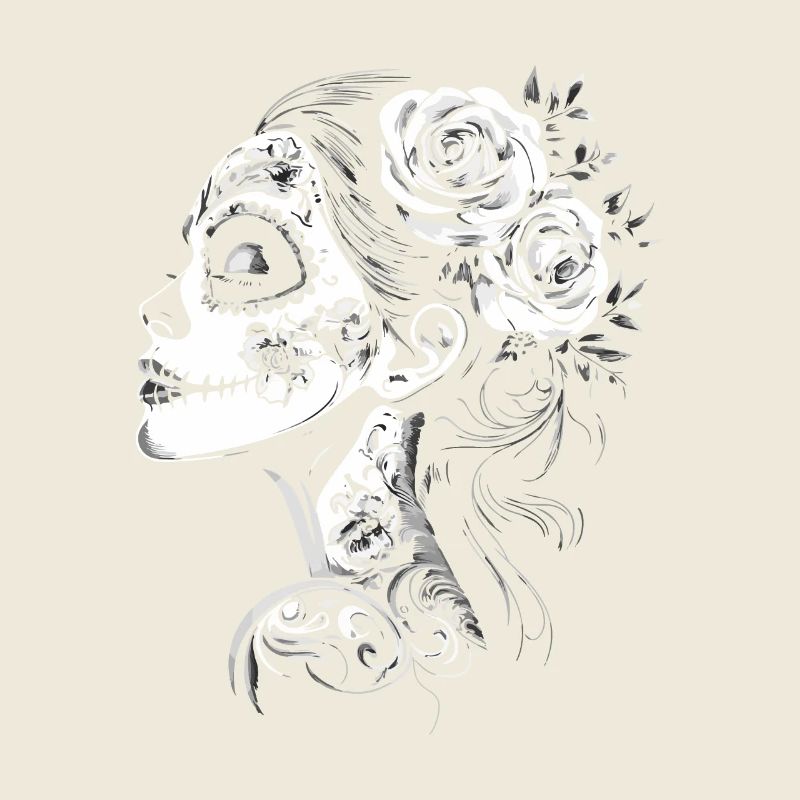 La Catrina Skull Side View with Roses