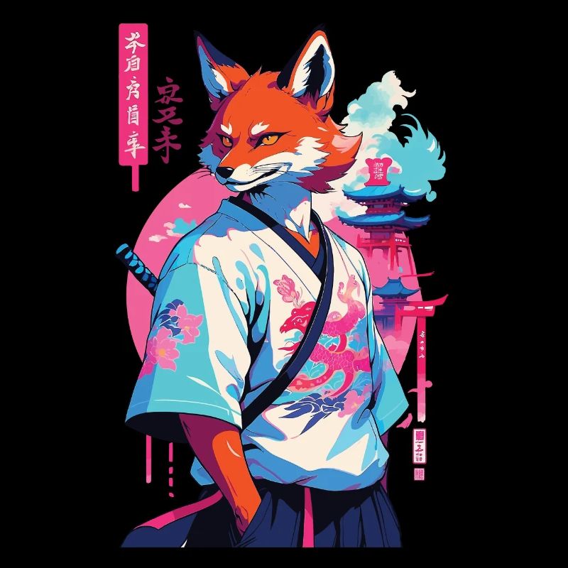 Kitsune Samurai Fox Esthétique Style Vaporwave