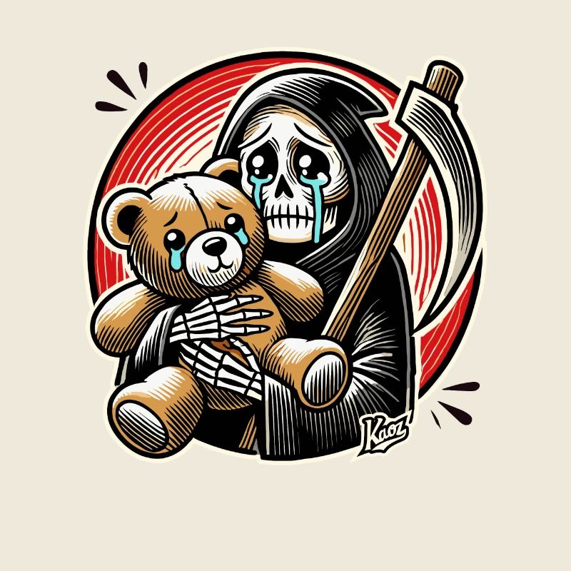 Weinender Sensenmann knudelt ein Stofftier