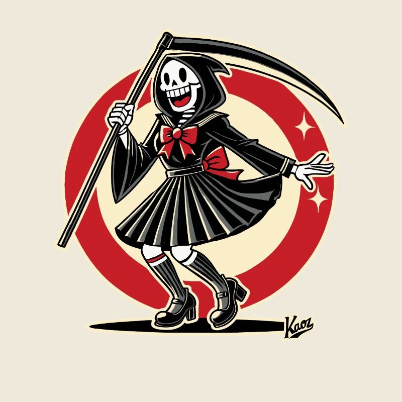 Fröhlicher Sensenmann als Schulmädchen verkleidet