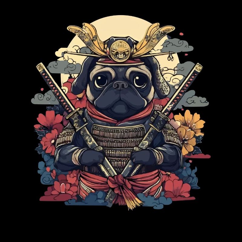 Samurai Mops Krieger mit Schwertern und Blüten